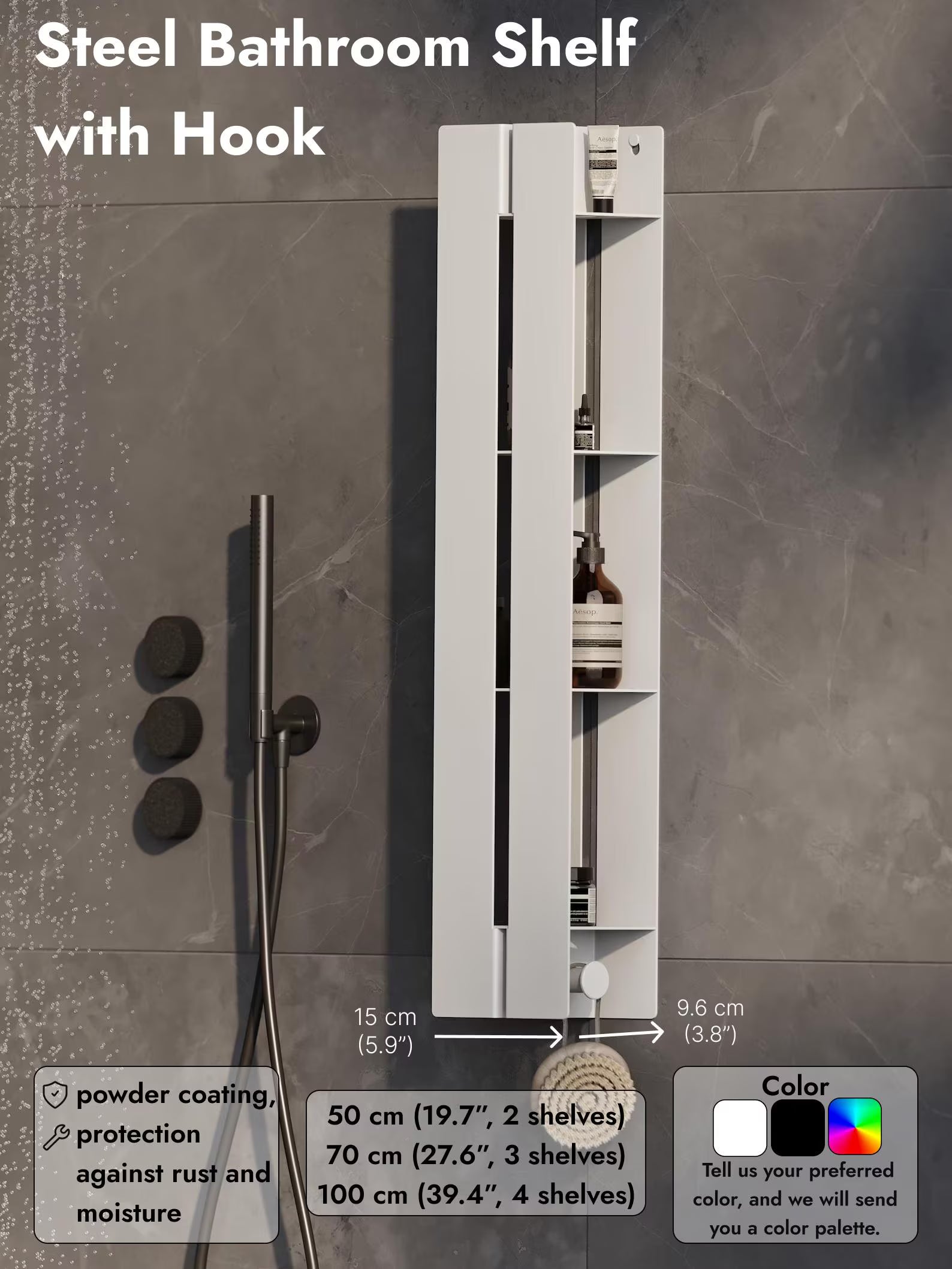 Vertikales Badezimmerregal | Wandmontierte Aufbewahrung | Organizer mit verdeckter Klappe | Edelstahl | Modernes Design | Schwarz oder Weiß